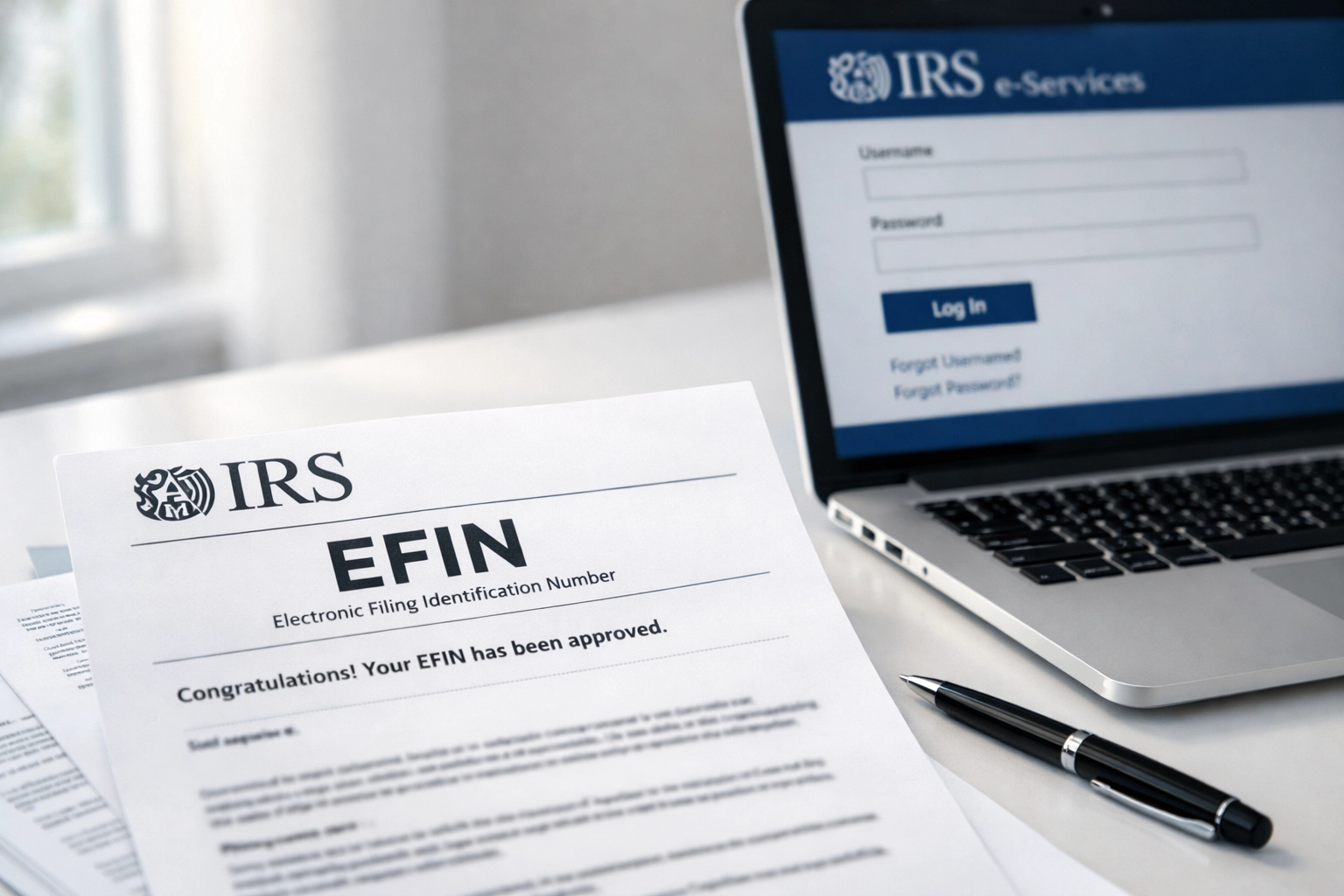 EFIN approval letter on desk with IRS e-Services portal for ERO verification