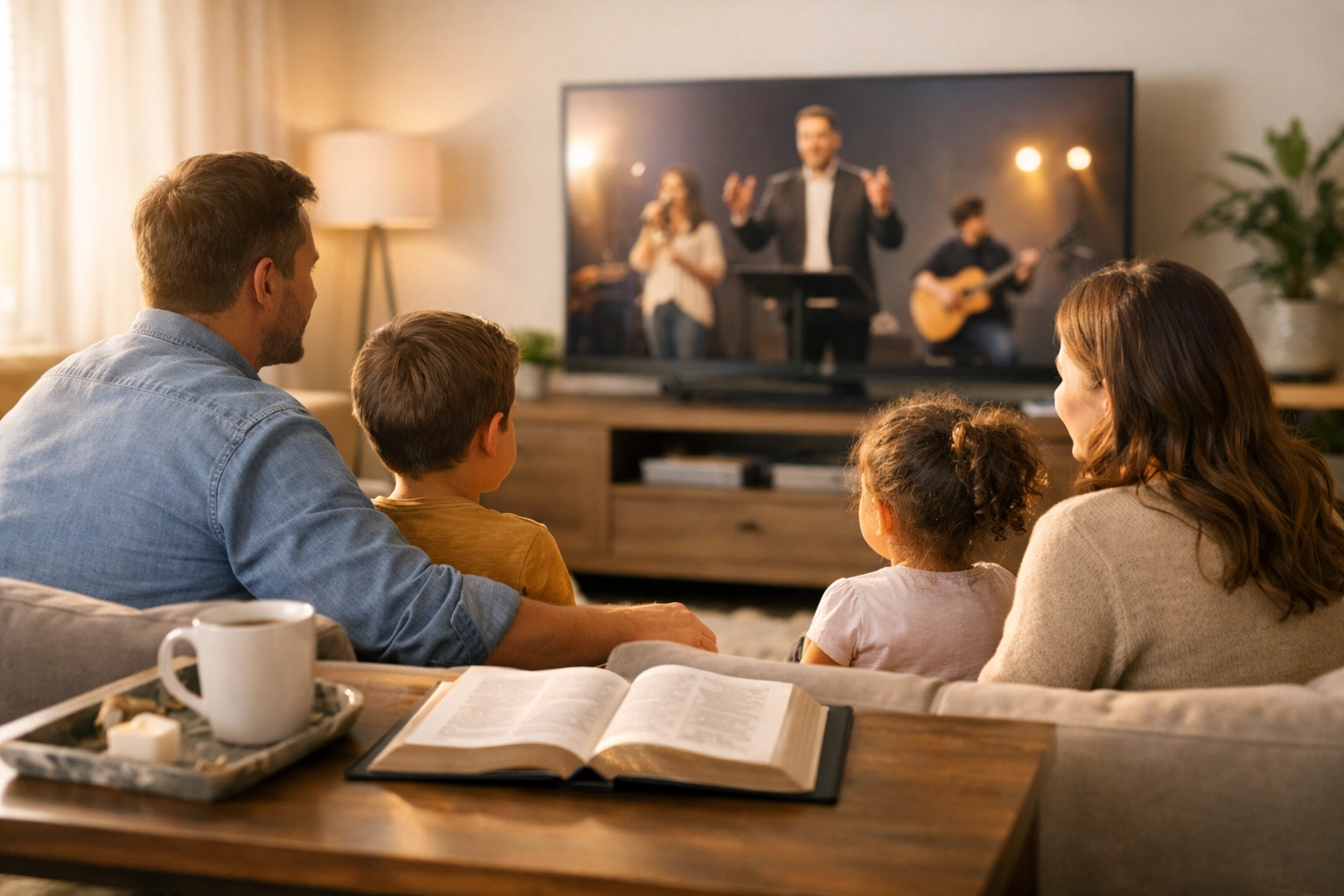 A family watching an online church service together in their living room with an open Bible.
