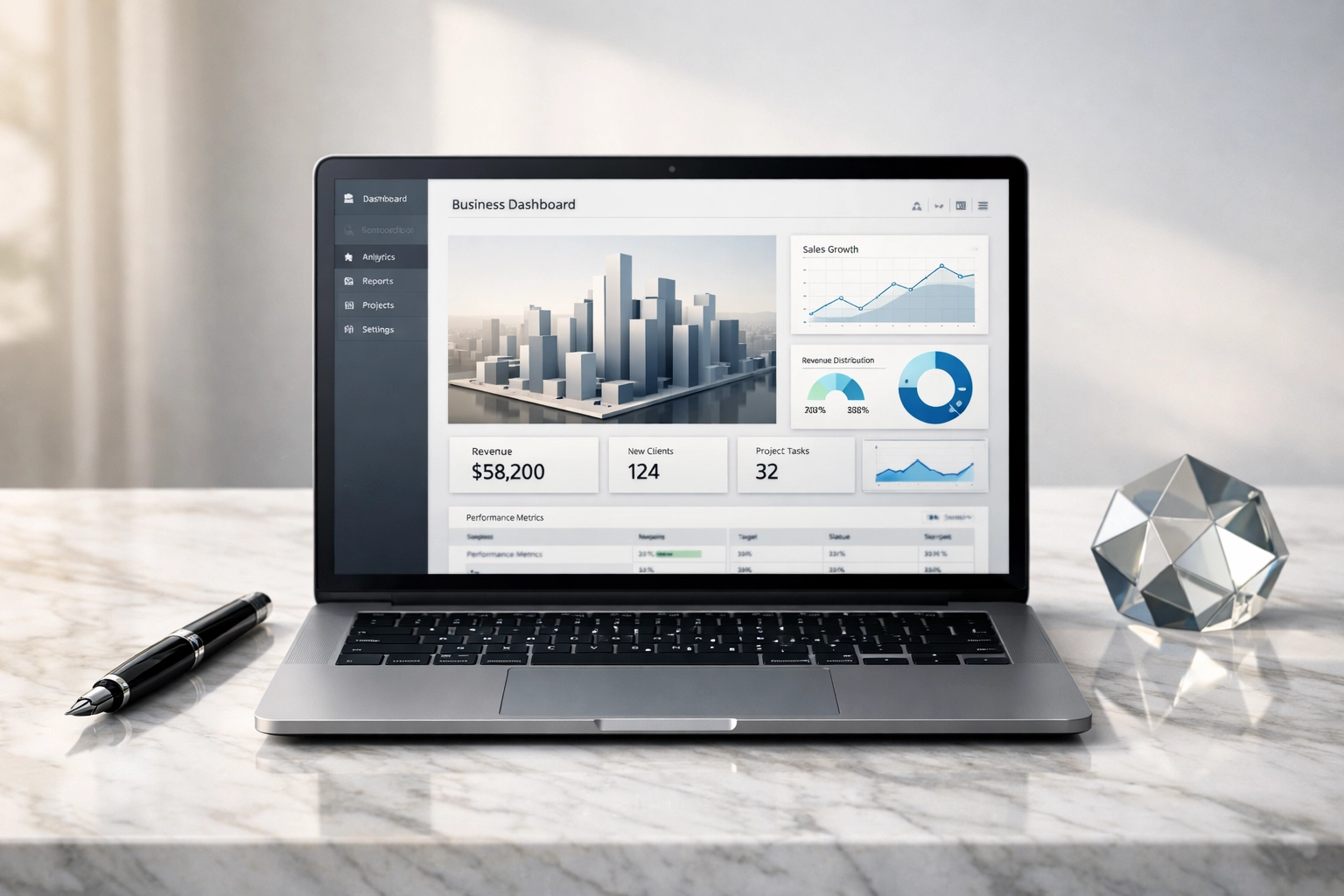 Professional laptop dashboard showing structured business assets and digital marketing analytics.