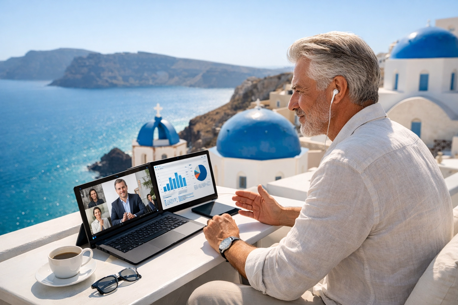A professional gray nomad conducting a video conference from a luxury terrace in Santorini.