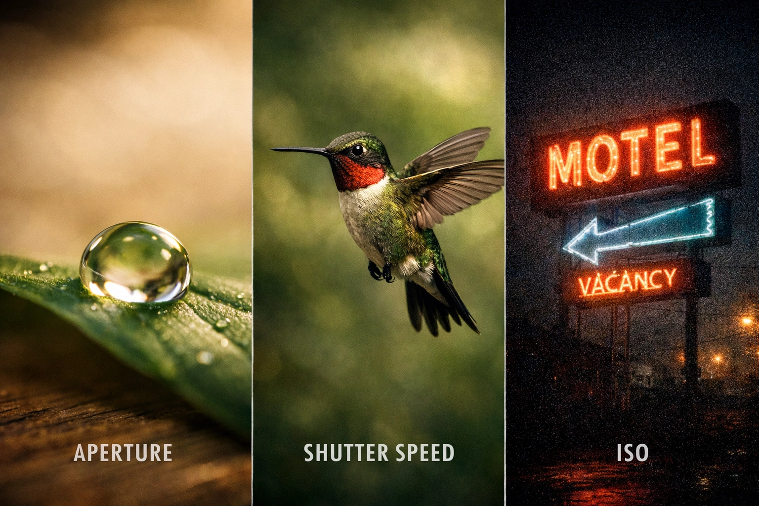 Visual guide to the exposure triangle settings for those learning photography for beginners.
