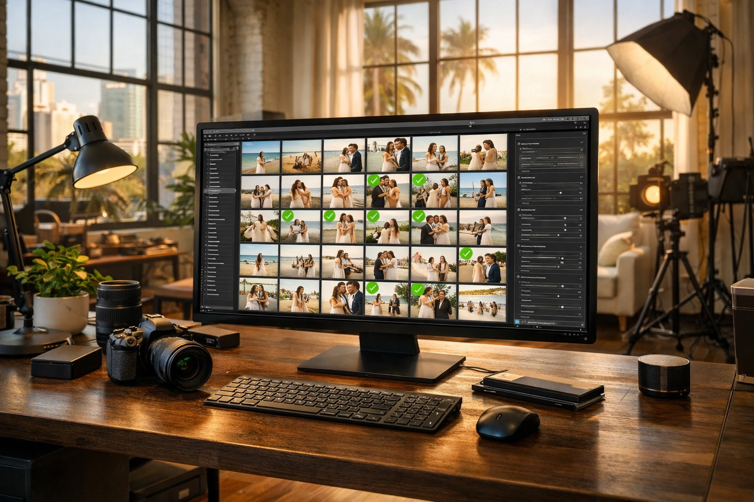 Professional photography workflow using AI tools to cull wedding photos in a modern studio setting.