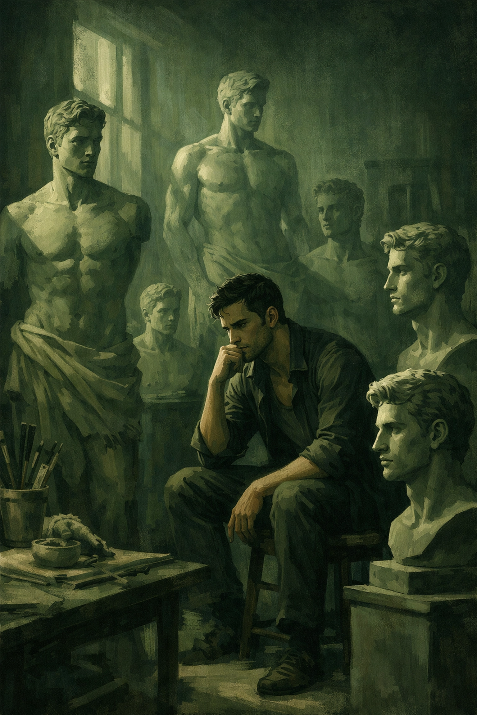 Gay man surrounded by self-portrait statues in modern art studio exploring solitude and self-love