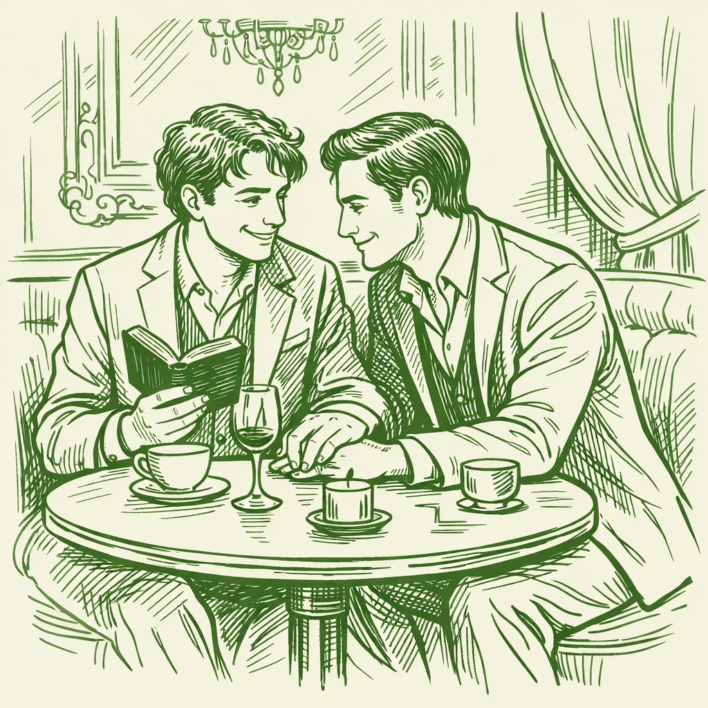 MM couple sharing a romantic moment at a Soho bistro, celebrating gay literature and intellectual freedom.
