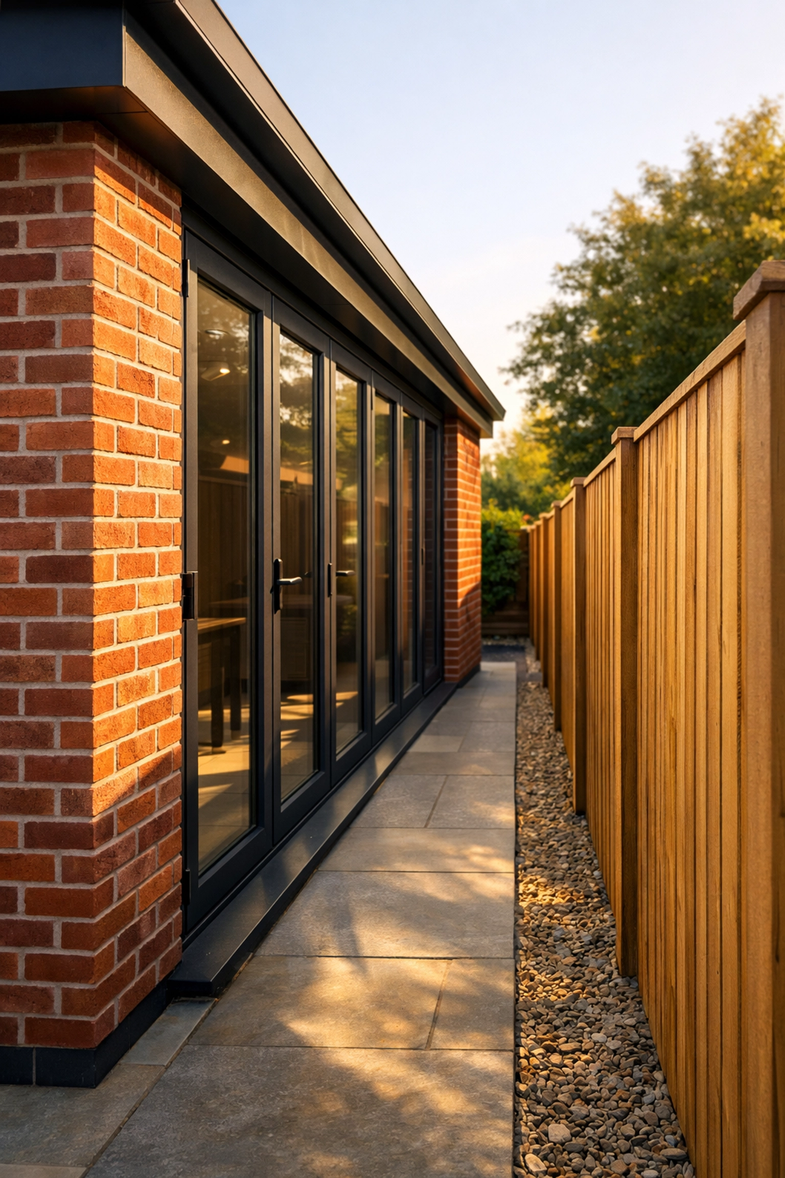 Modern single-storey house extension showing a clear gap from the timber property boundary fence.
