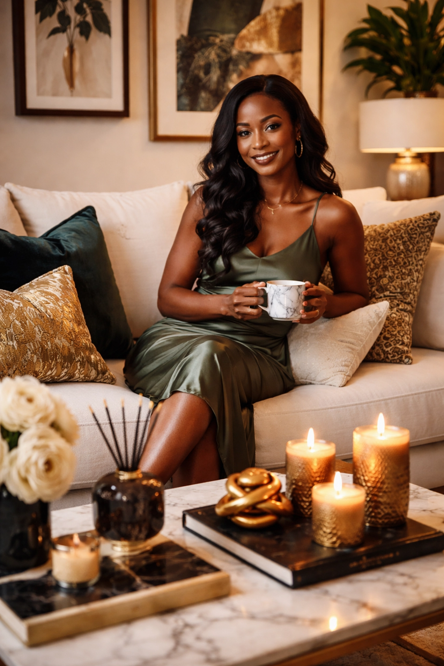 Why Everyone Is Talking About The Black Wall Streets Movement (And You Should Too) Luxury Black-owned home decor in a stylish living room with a relaxed Black woman, highlighting economic empowerment