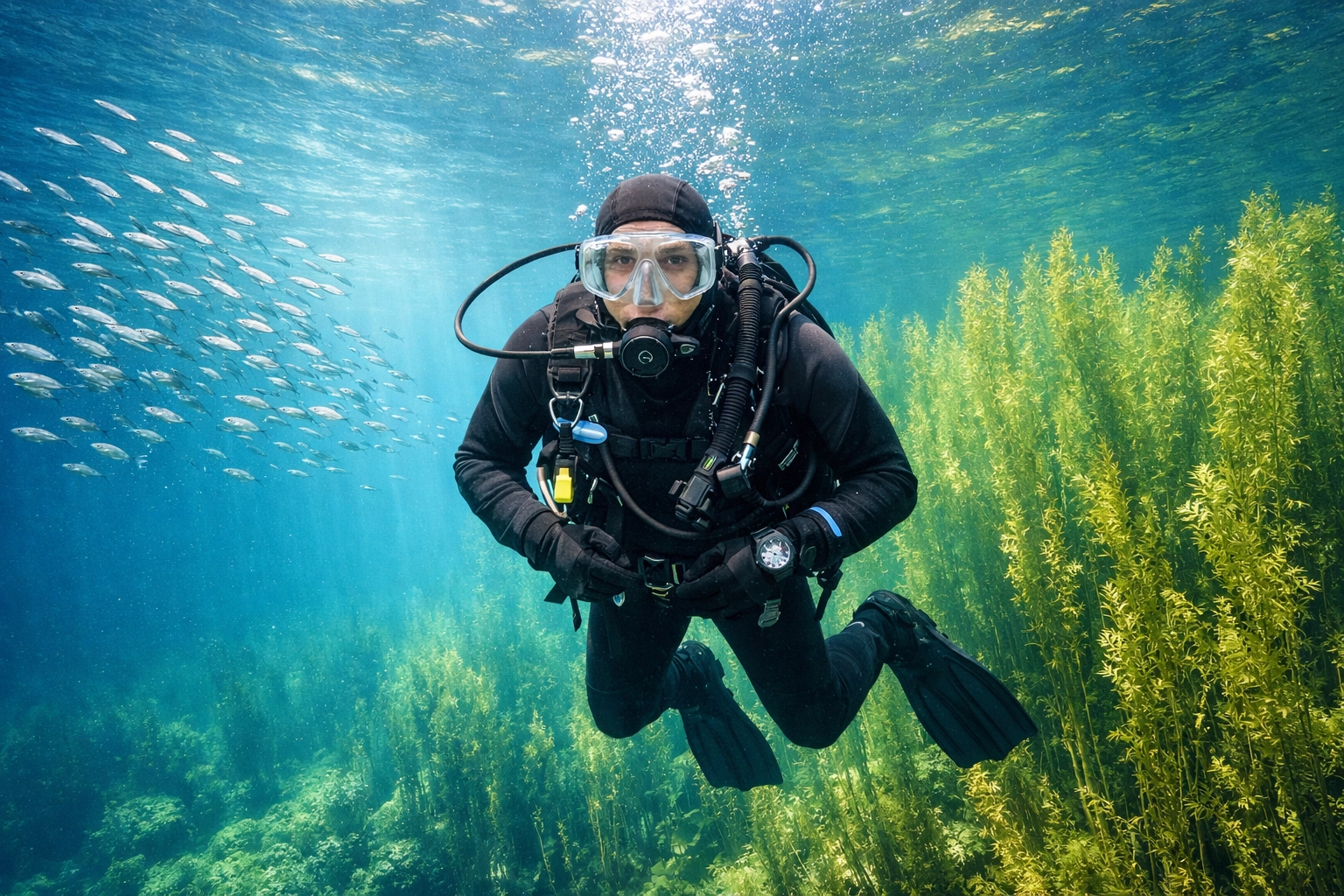 Ein Taucher schwebt bei exzellenter Sichtweite über Pflanzen im Goitzschesee ohne Sediment aufzuwirbeln.