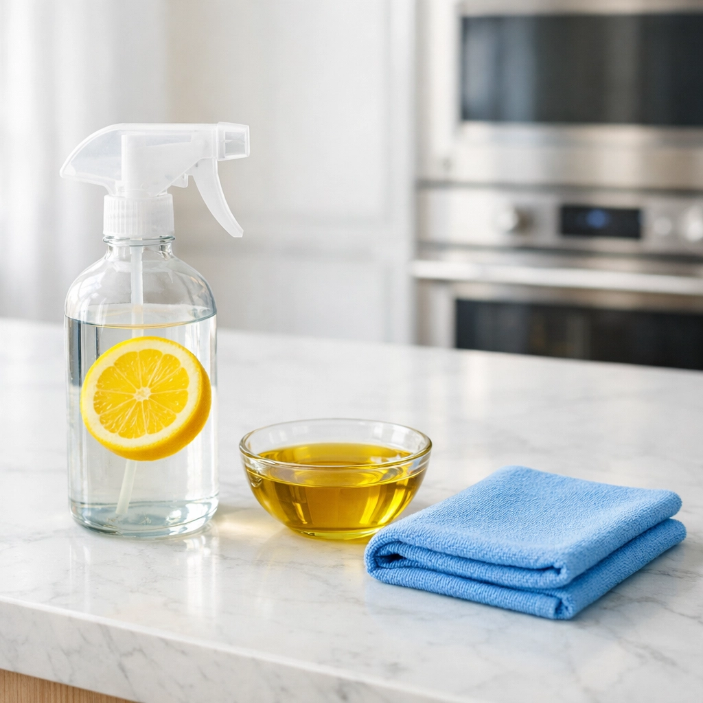Natural cleaning ingredients like lemon and olive oil for eco-friendly appliance polishing.