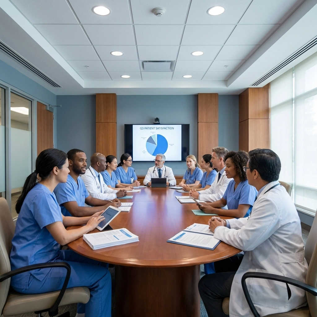 Healthcare professionals meeting around a conference table discussing quality improvement in an ASC setting.