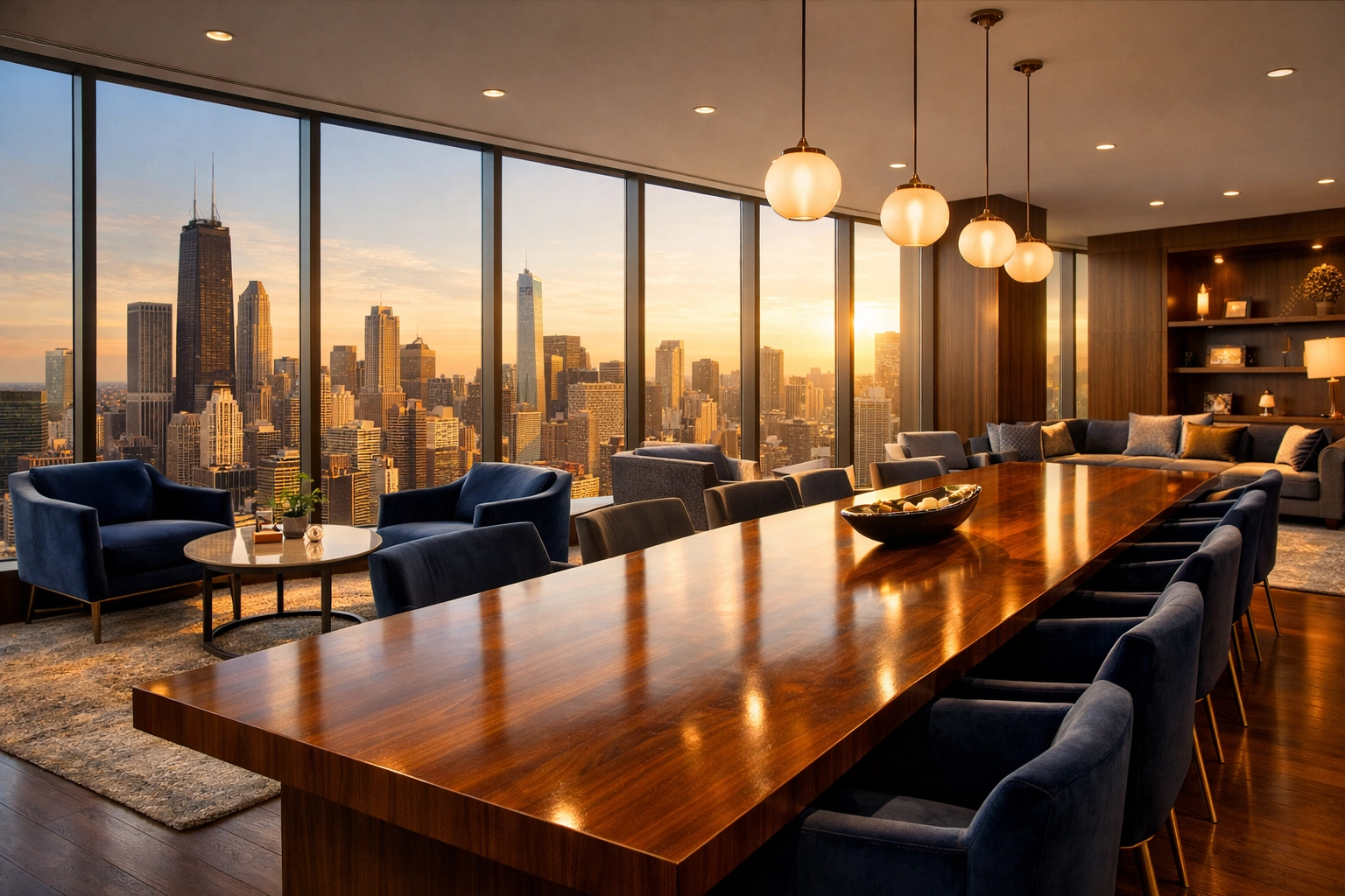 Immaculate luxury high-rise resident lounge in Chicago featuring spotless furniture and a clear skyline view.