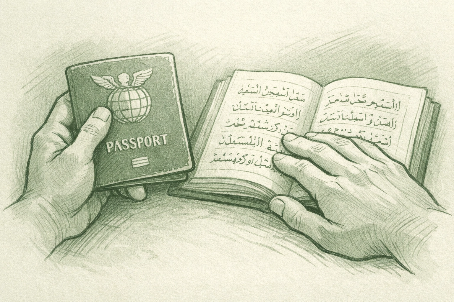 LGBTQ+ refugee holding passport and prayer book symbolizing faith and identity conflict