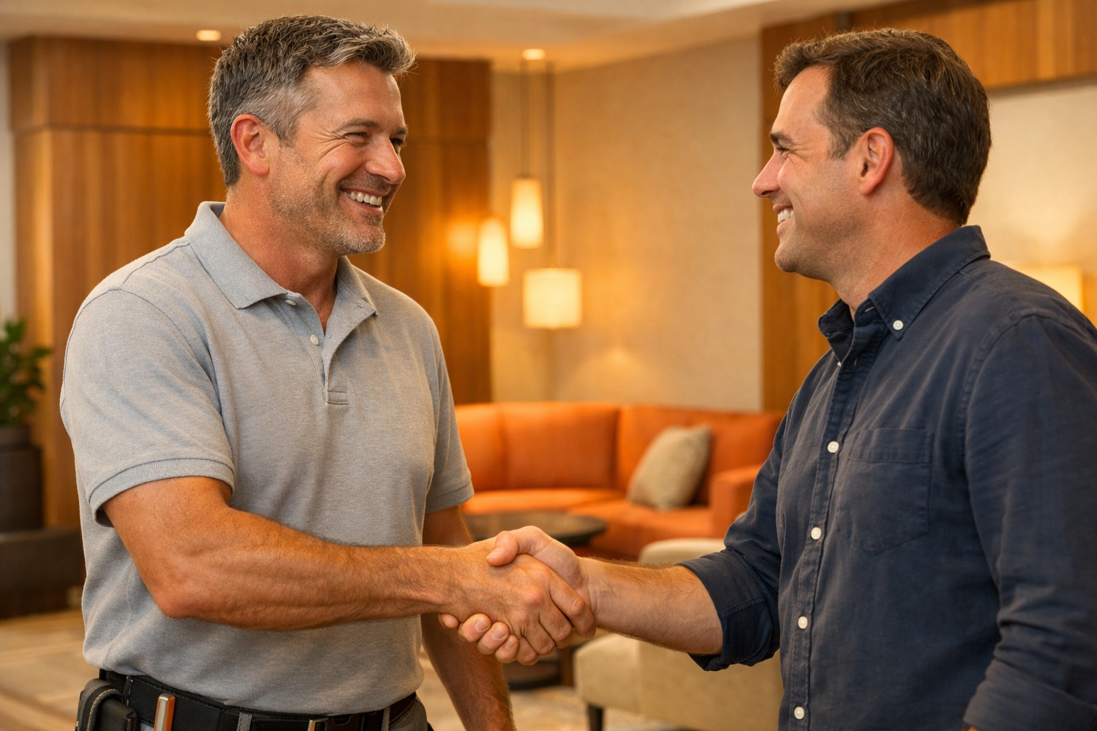 General contractor in South Florida shaking hands with a satisfied client in a newly renovated lobby.