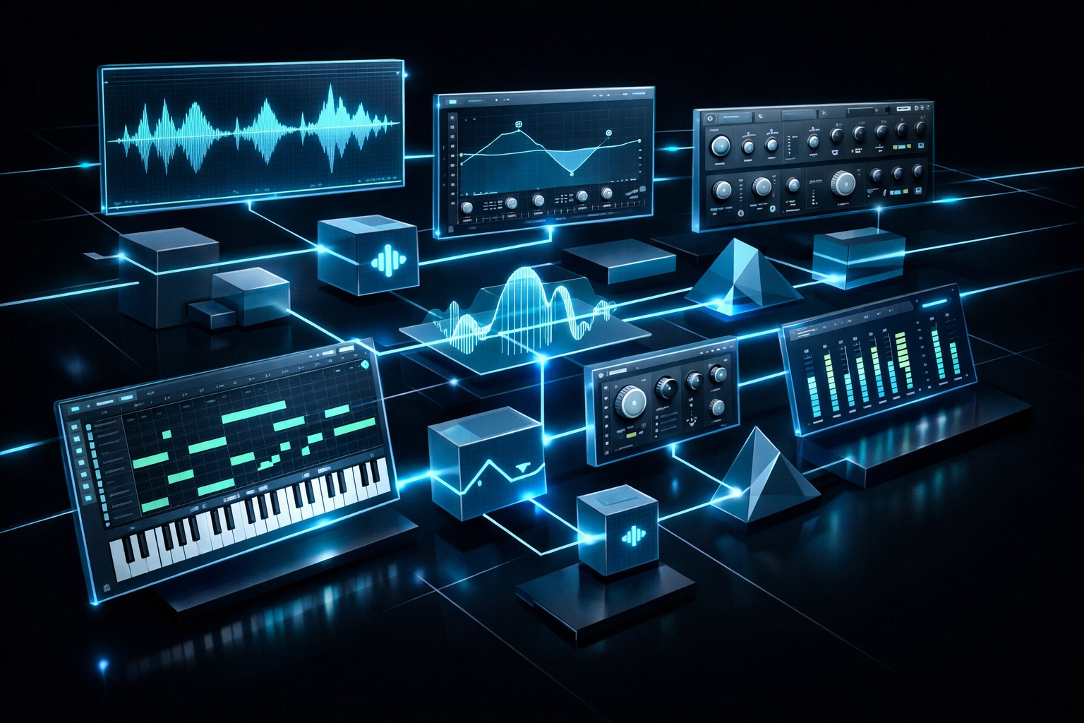 Digital audio workstation interface showing music production workflow with plugins and MIDI