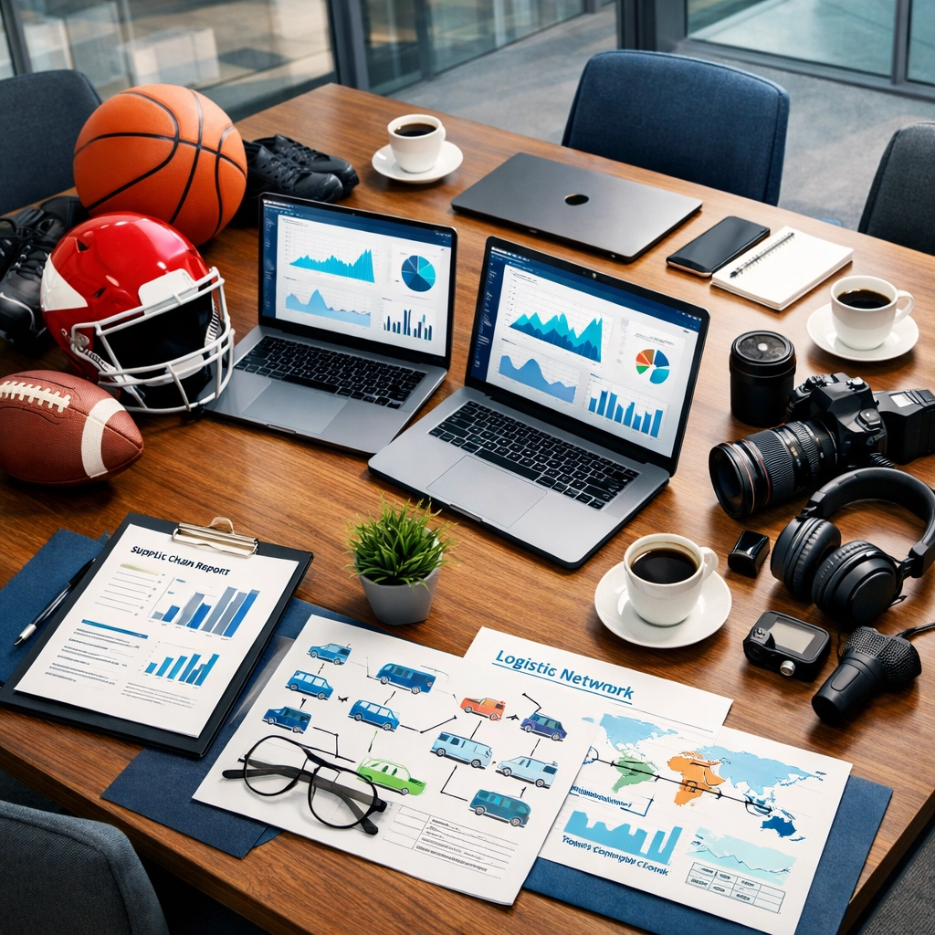 Multi-sector business collaboration workspace with sports, entertainment, and logistics materials