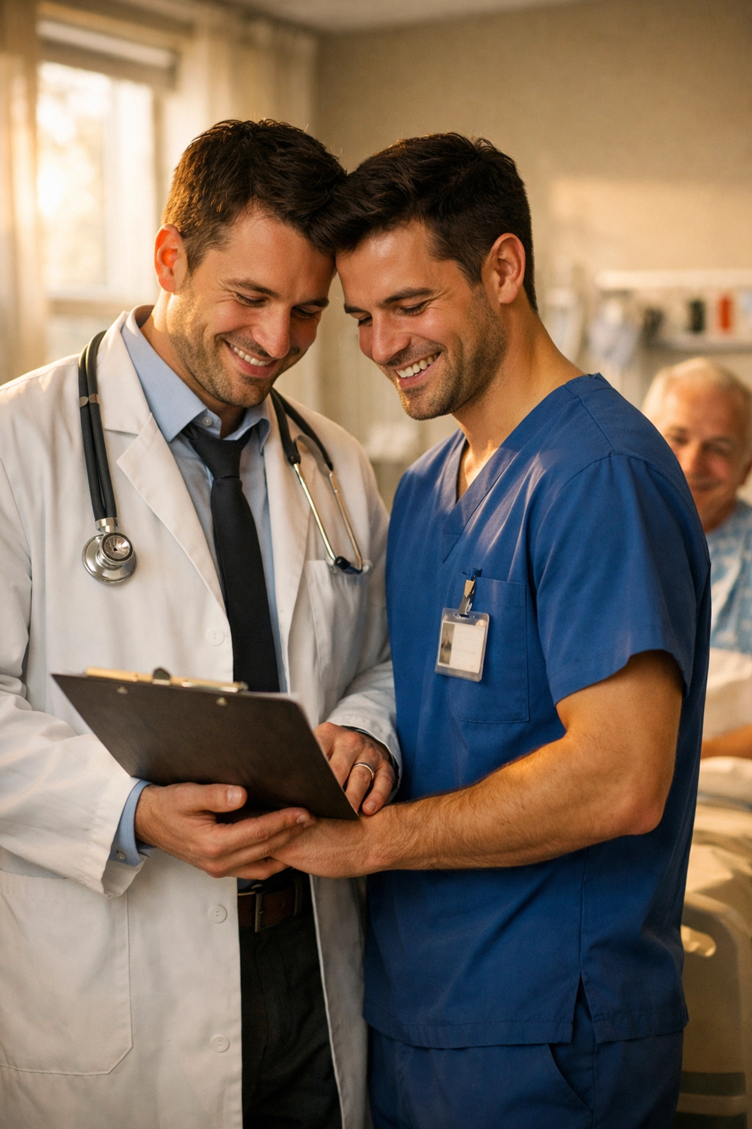 A male doctor and nurse sharing a romantic spark in a hospital room, a classic medical queer fiction trope.