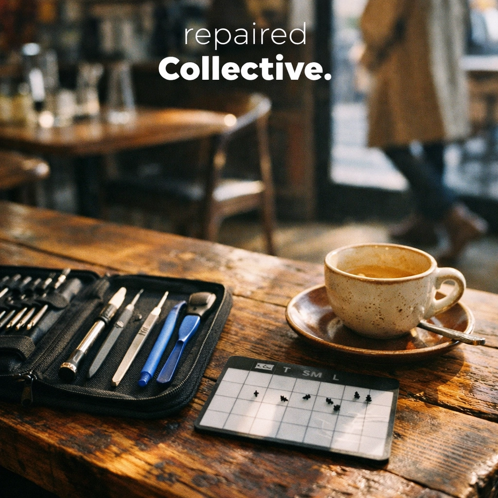 Professional mobile device repair tools on a cafe table in Downtown Brooklyn near MetroTech Center.