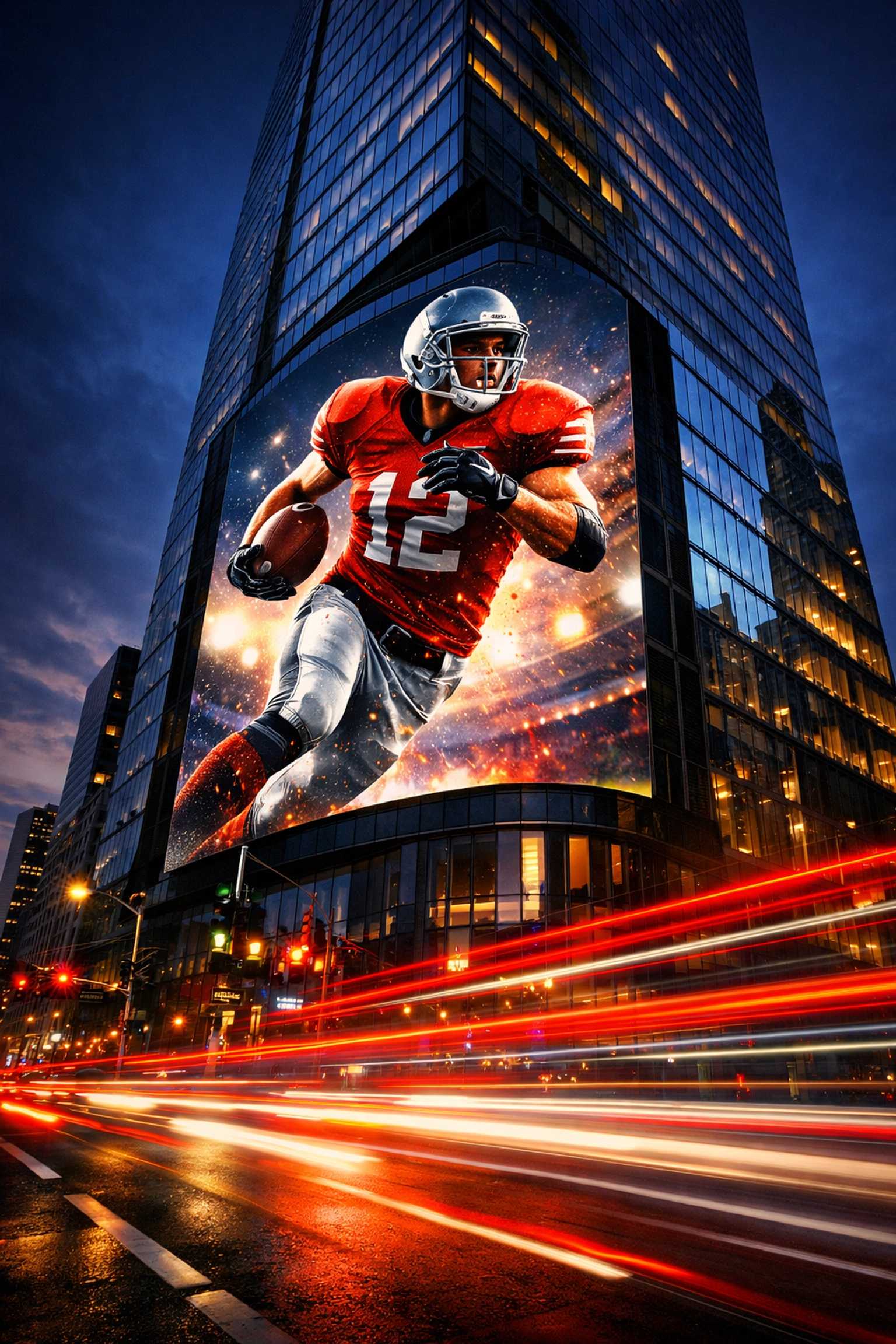 Sleek digital billboard showcasing high-performance athlete branding and NIL marketing in the city.