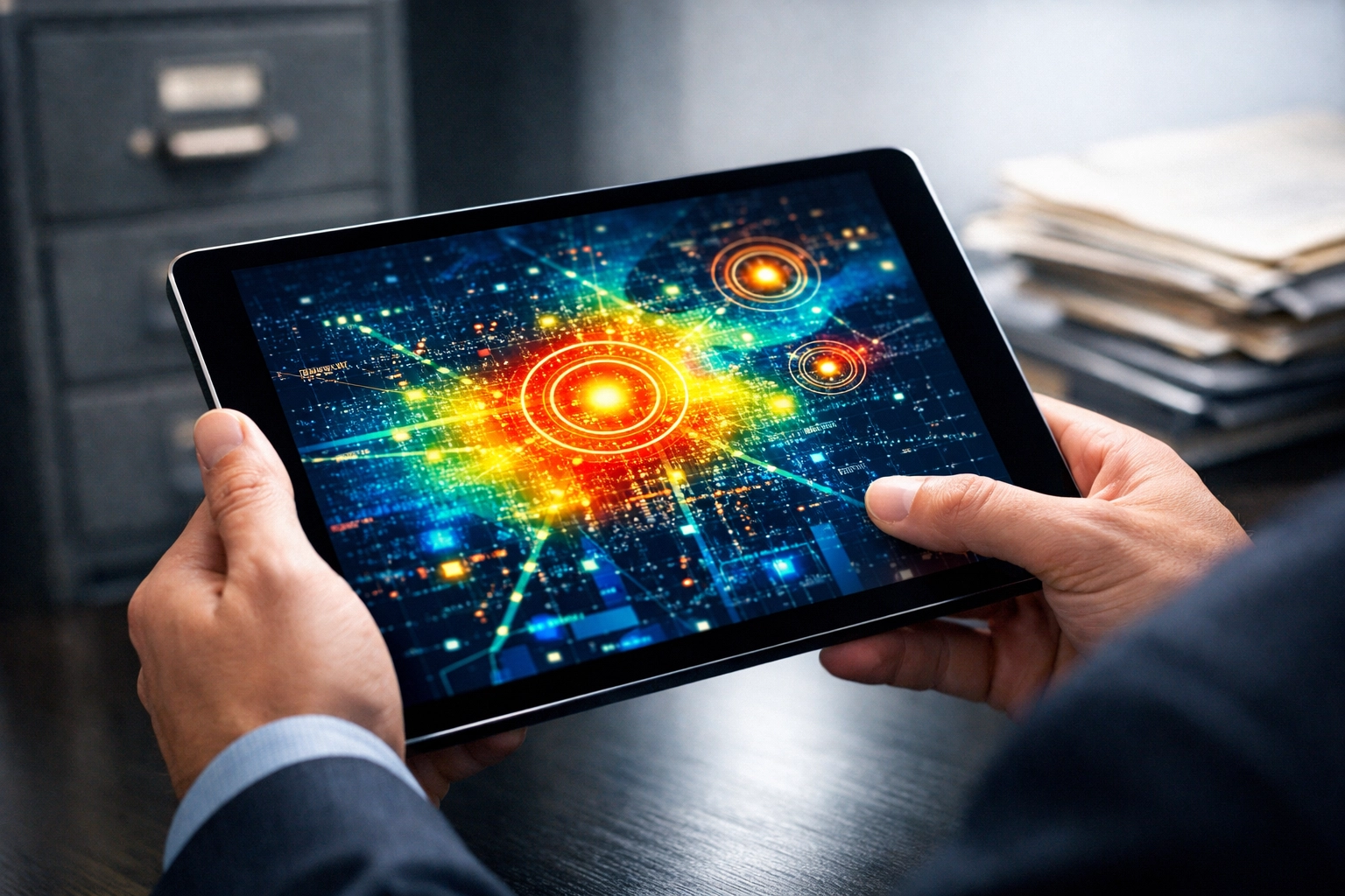 Professional using a digital heat map dashboard to track outdoor advertising performance analytics.