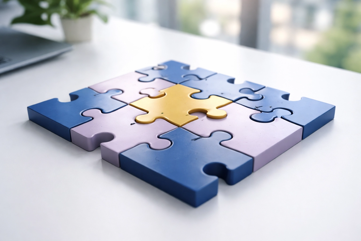 Interlocking blue, purple, and gold puzzle pieces symbolize connection and streamlined EHS customization with Power Platform accelerators.
