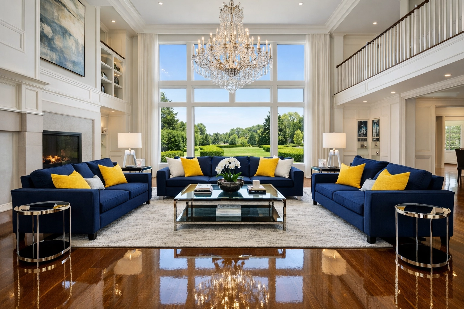 Large Dover estate living room featuring polished hardwood floors and professional residential cleaning Massachusetts.
