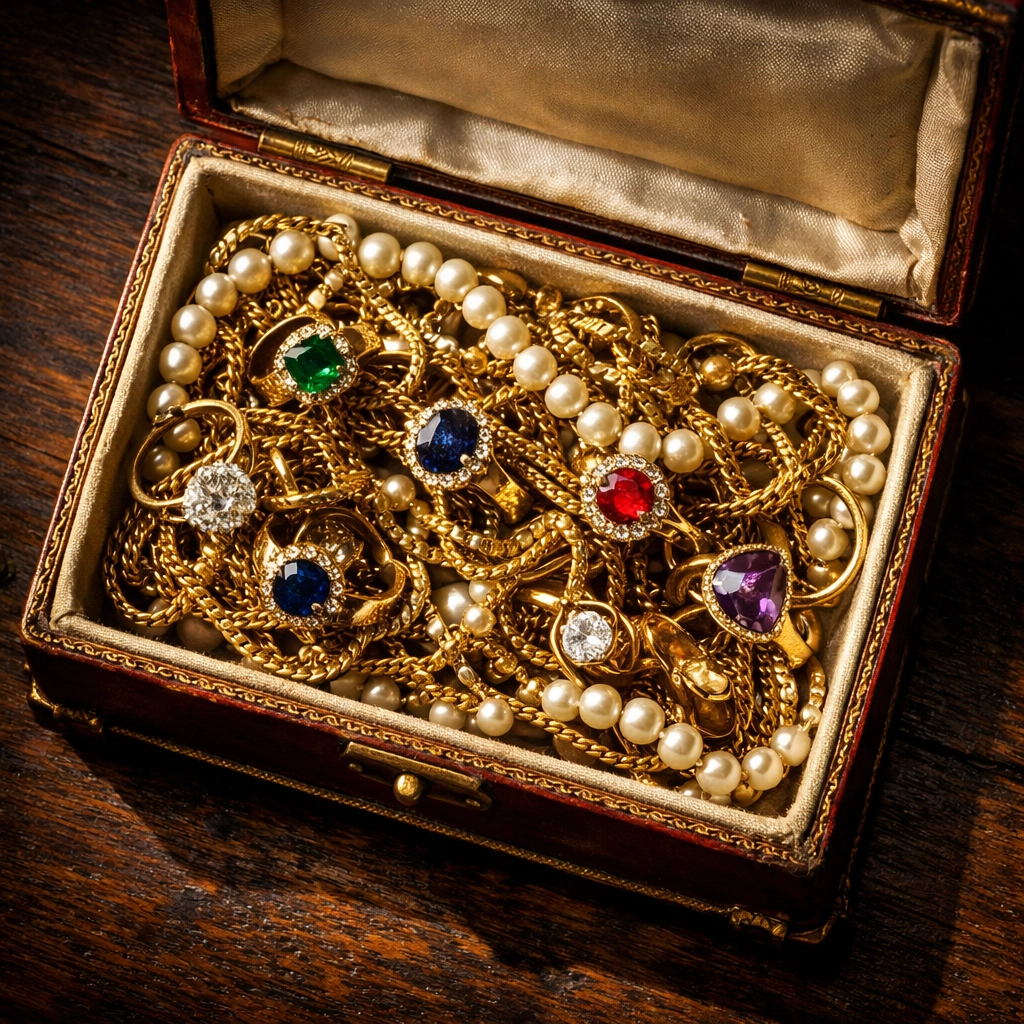 Vintage jewelry box filled with gold chains, pearls, and gemstone rings from Columbus estate