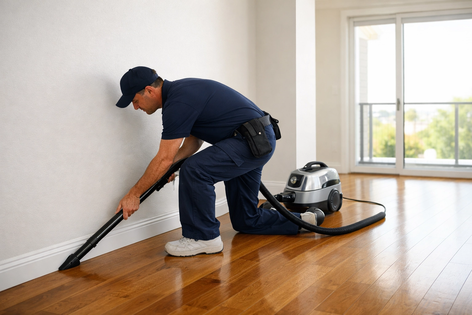 Professional cleaner vacuuming hardwood floors in empty apartment during turnover