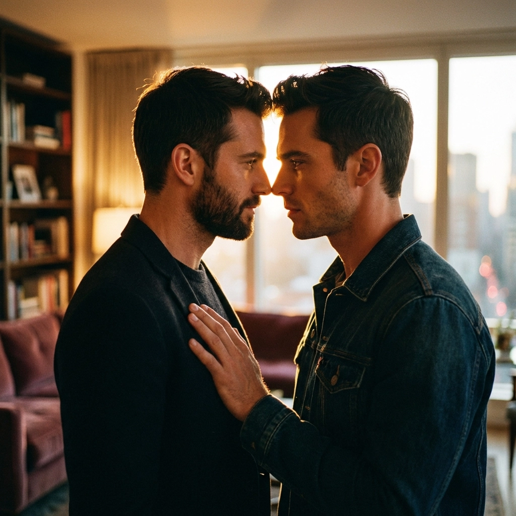 Two men sharing an intimate, romantic moment, capturing the chemistry found in spicy MM romance books.
