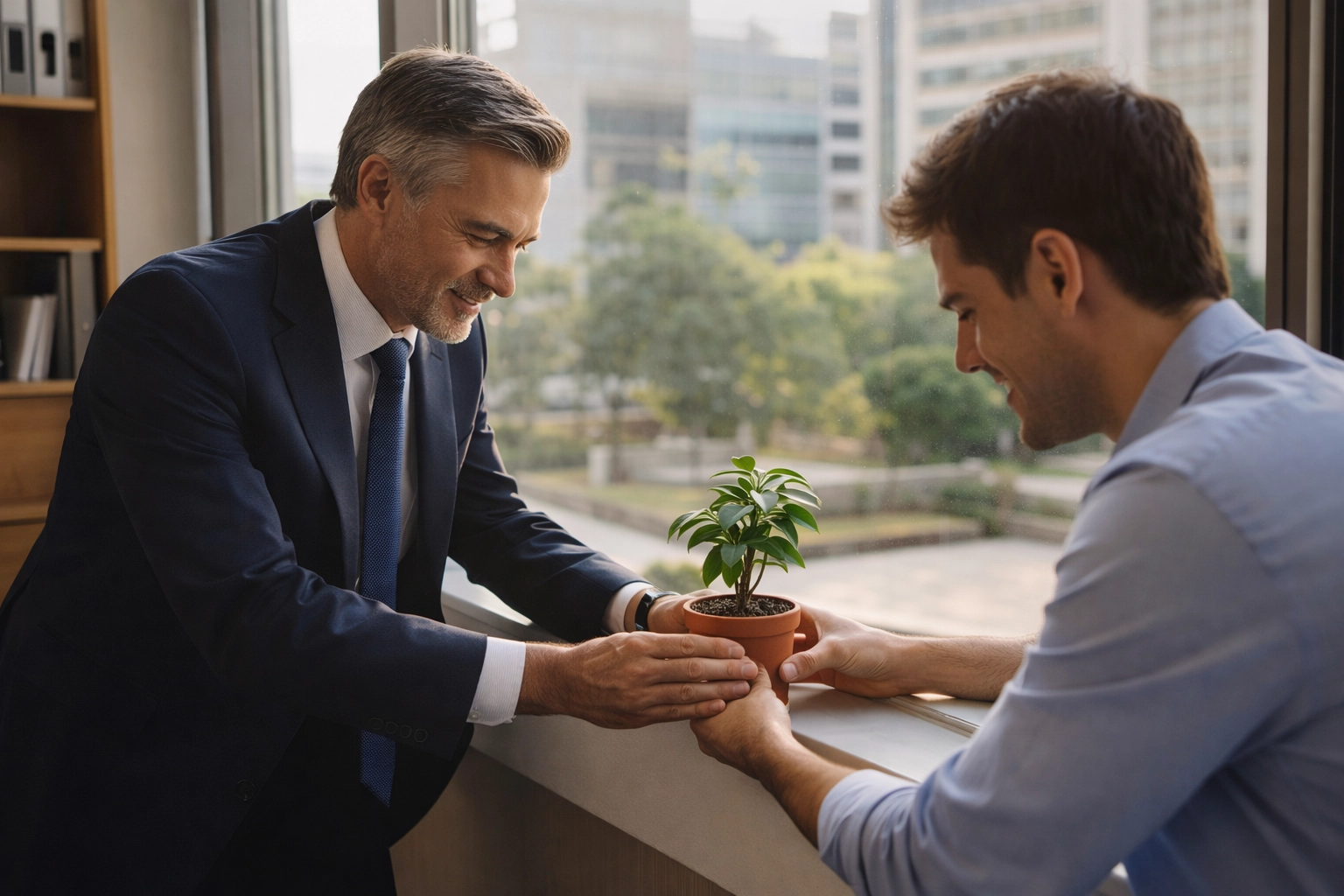 Executive and team member placing a small plant on an office windowsill, symbolizing long-term growth and legacy.