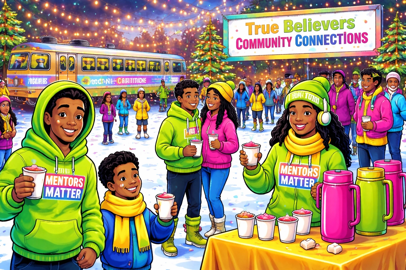 Vibrant cartoon-style graphic of a South Side winter community celebration with youth and families, using TBCC pink, yellow, green, and blue.