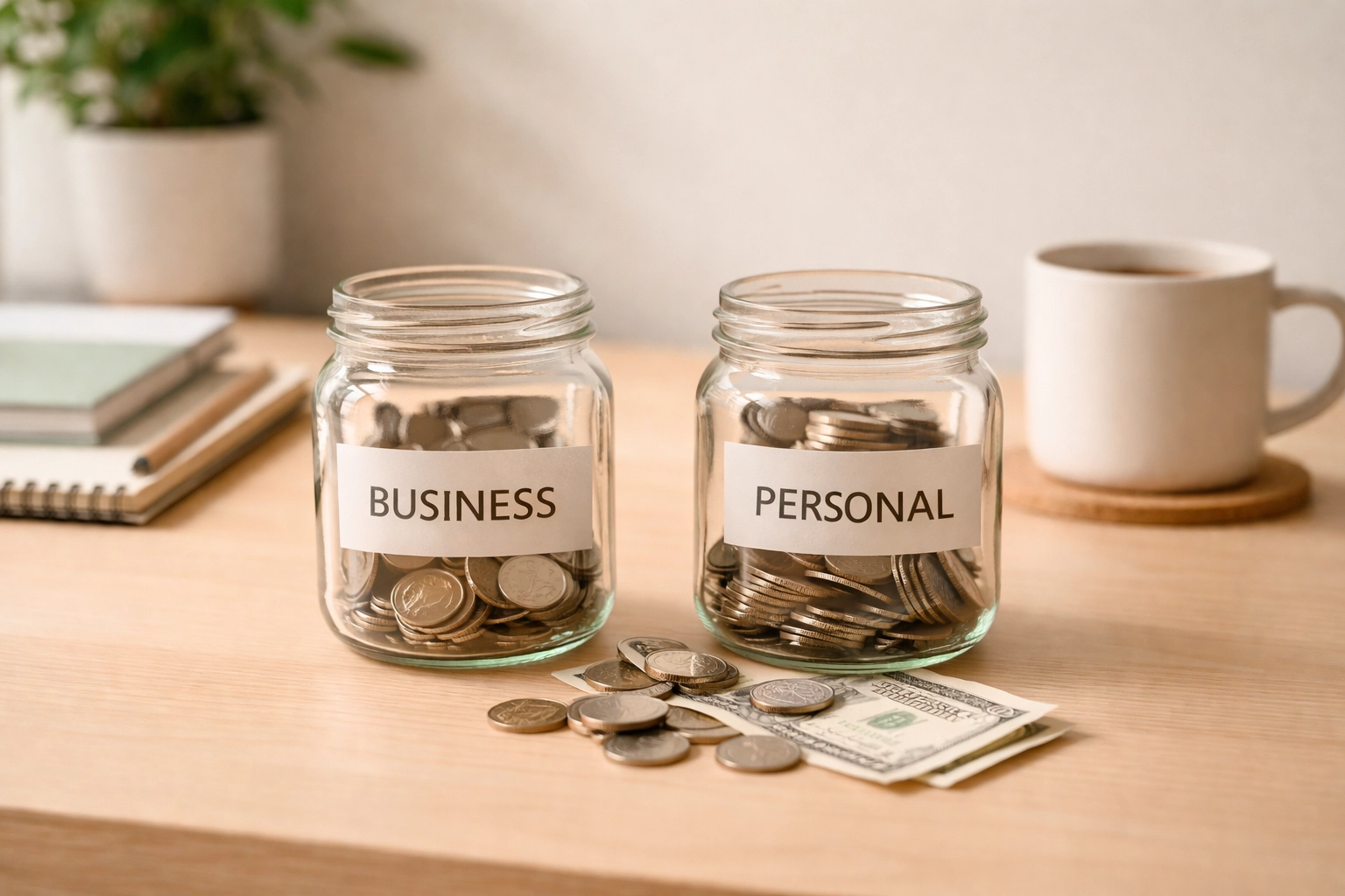 Glass jars on desk representing separation of business and personal finances