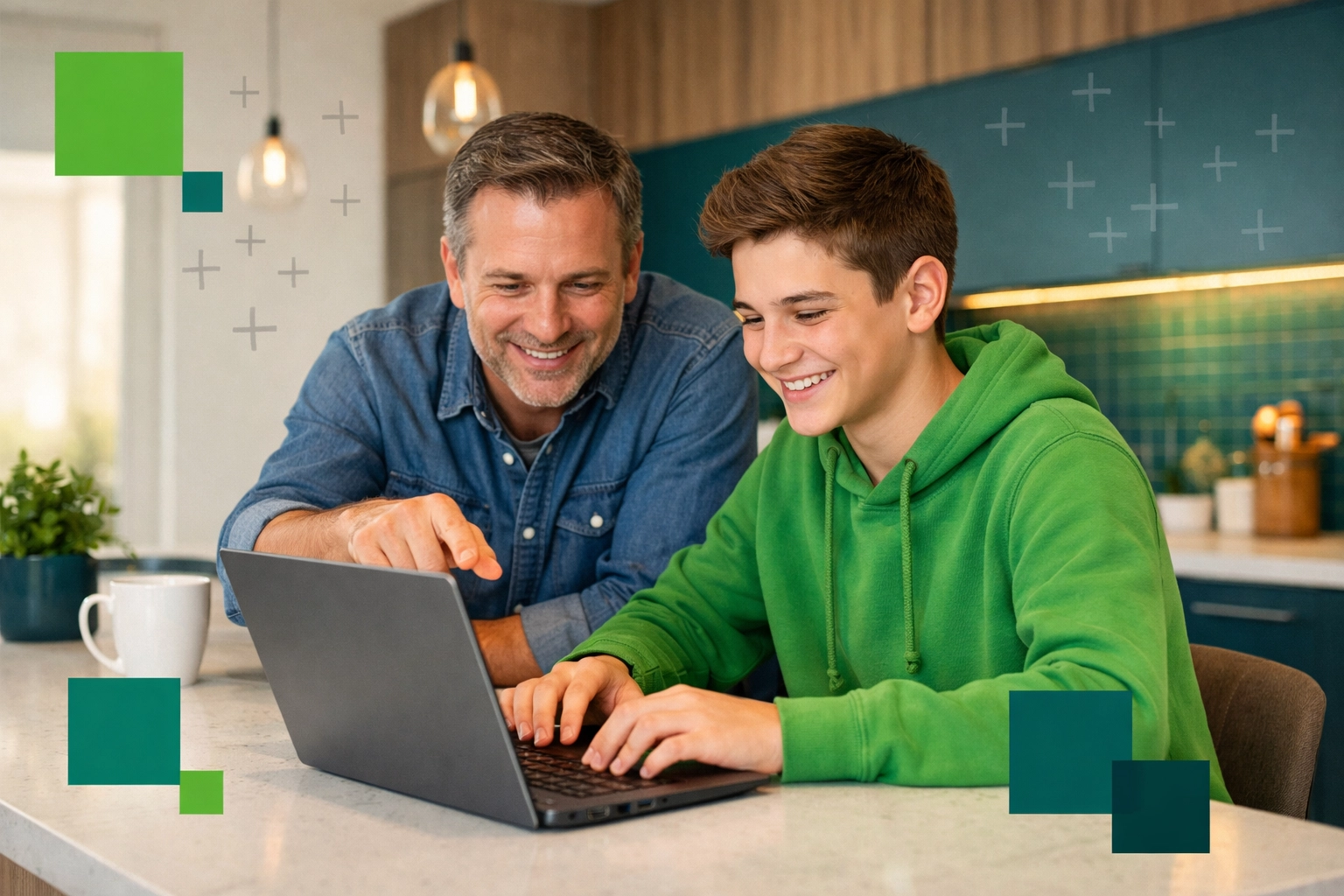 Father and son using technology as a tool for creative digital design and stewardship.