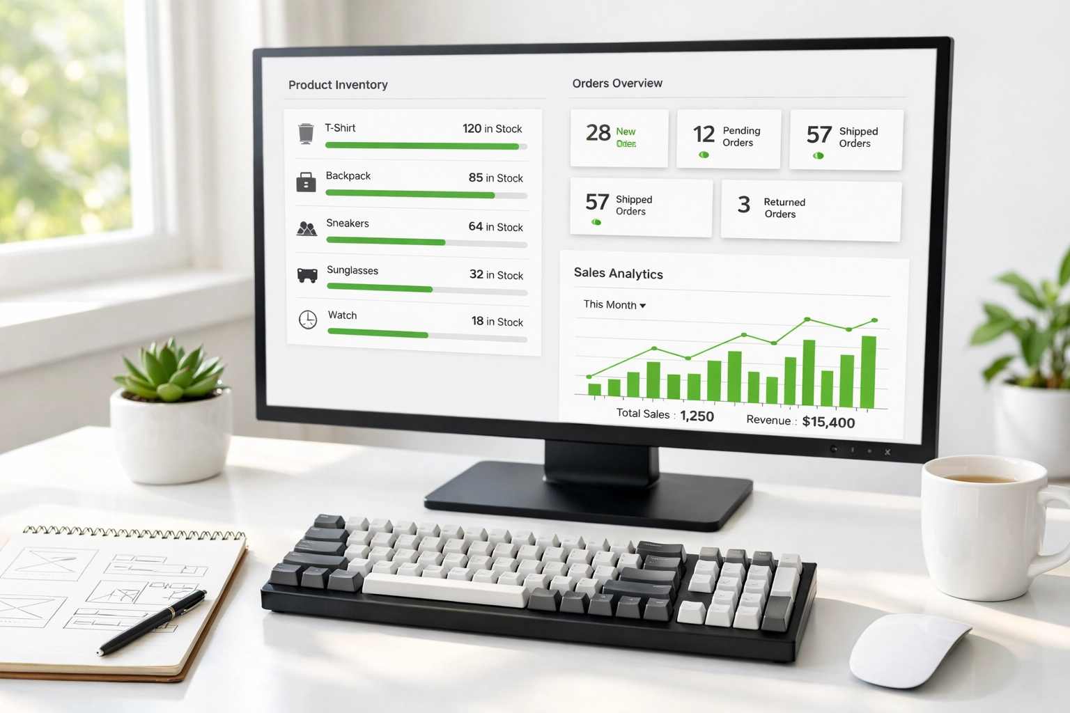 Ecommerce dashboard showing product inventory and order management on modern workspace monitor