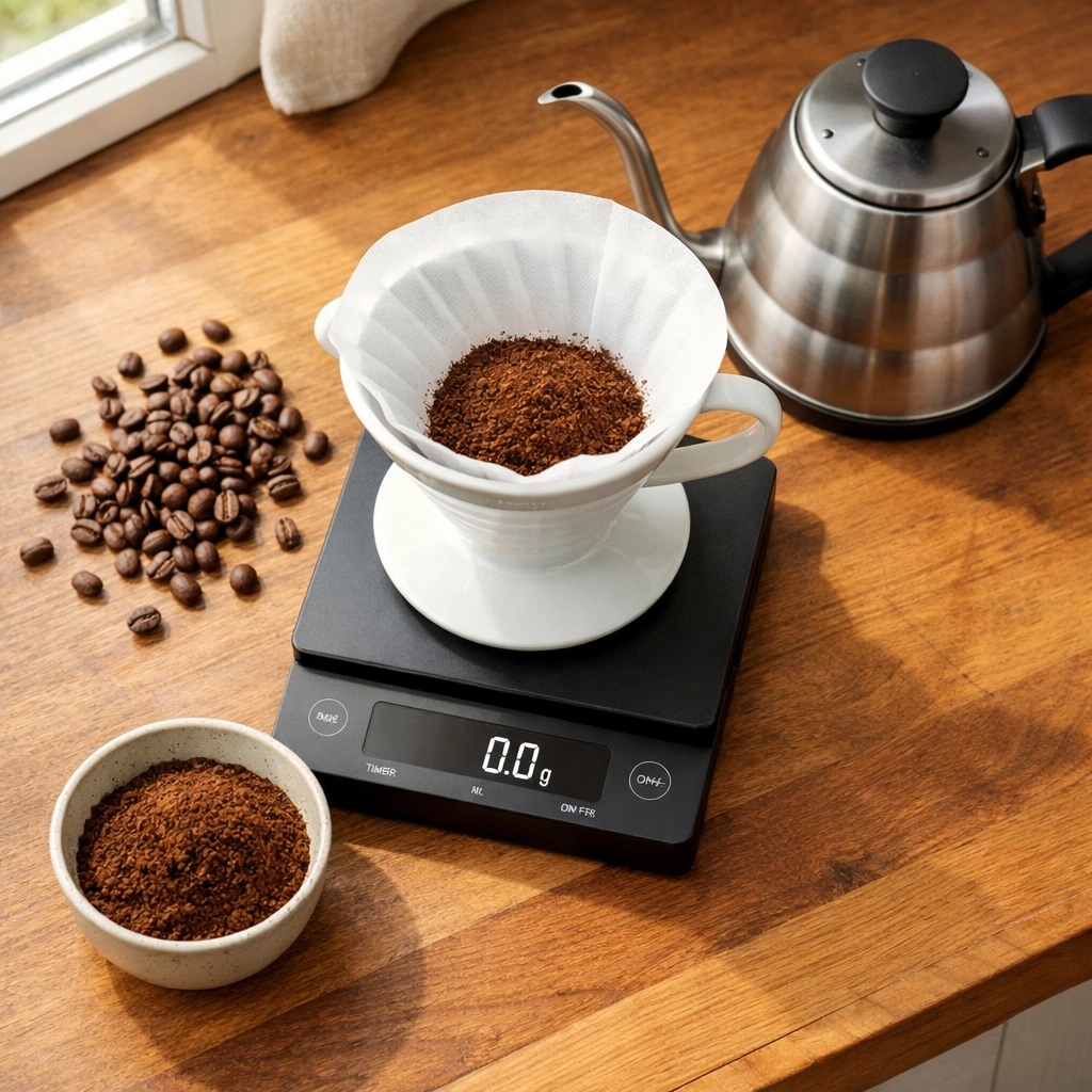 Coffee brewing ratio setup with digital scale, V60 dripper, beans and kettle on kitchen counter
