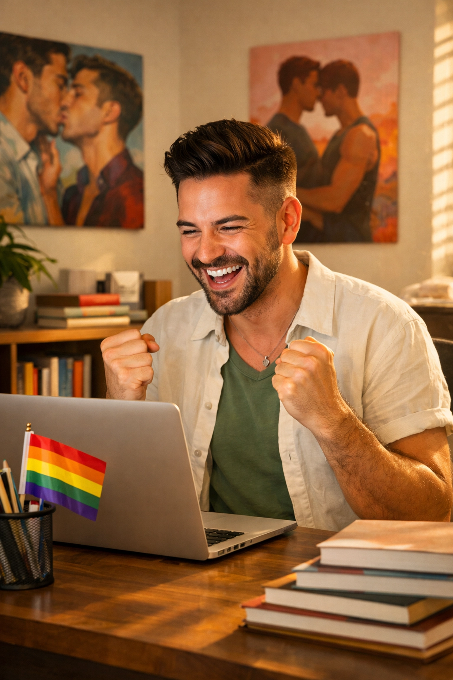 A happy gay author publishing a new MM romance book on his laptop in a bright home office.
