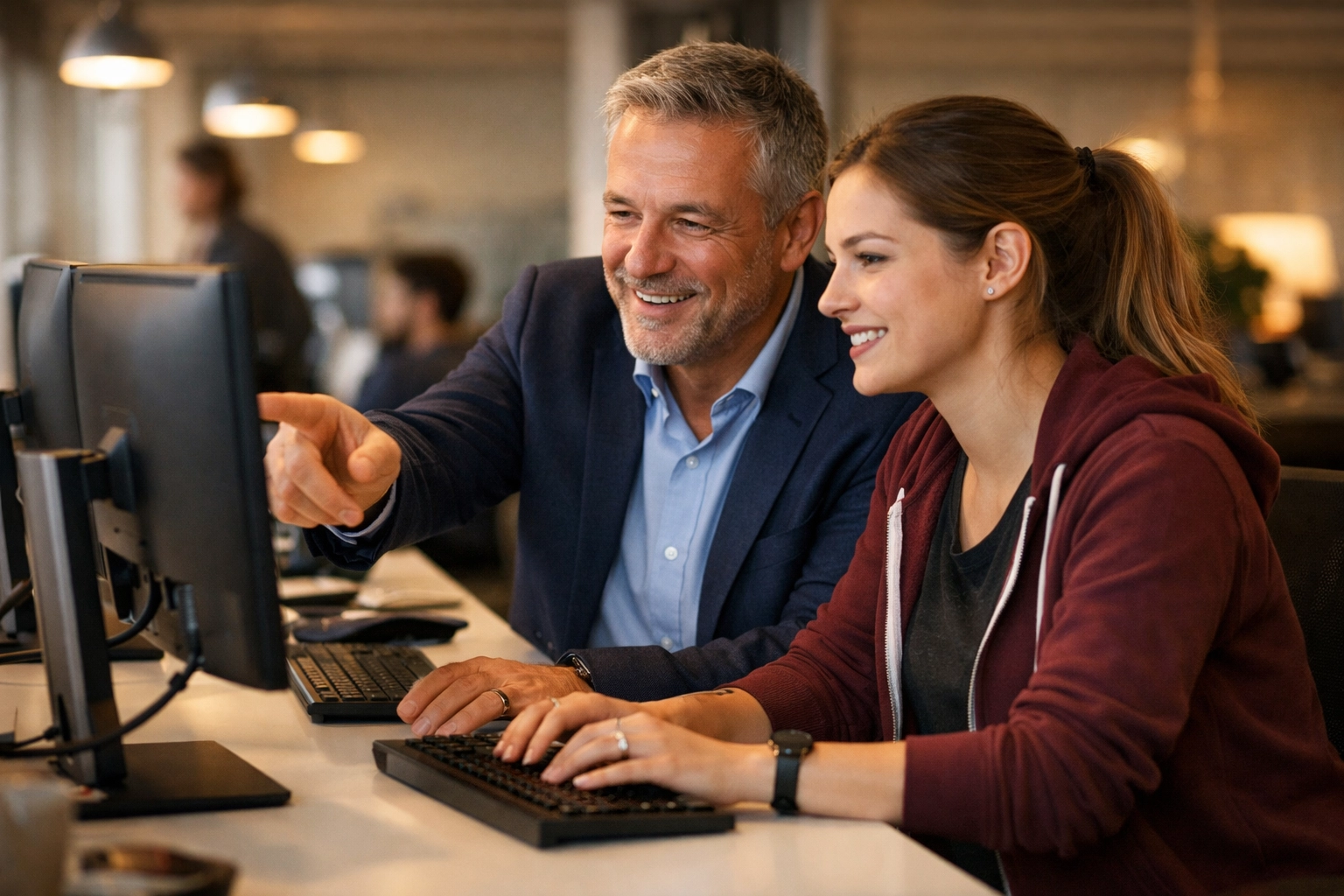 Expert ServiceNow consultant mentoring an IT administrator on platform features in an office.