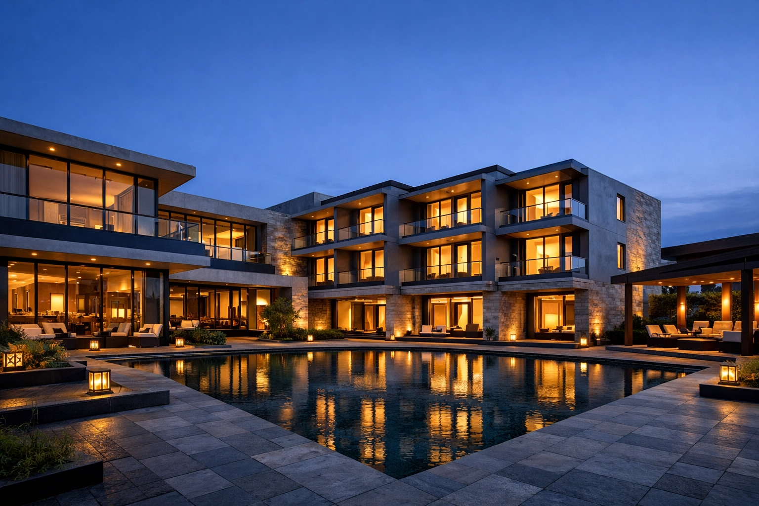 Secure boutique hotel architecture at twilight, representing stable and compliant cloud security for hotels.