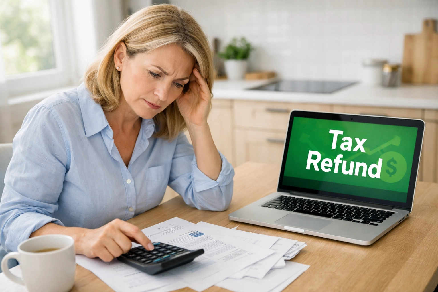 Woman reviewing tax refund documents and calculator at home kitchen table
