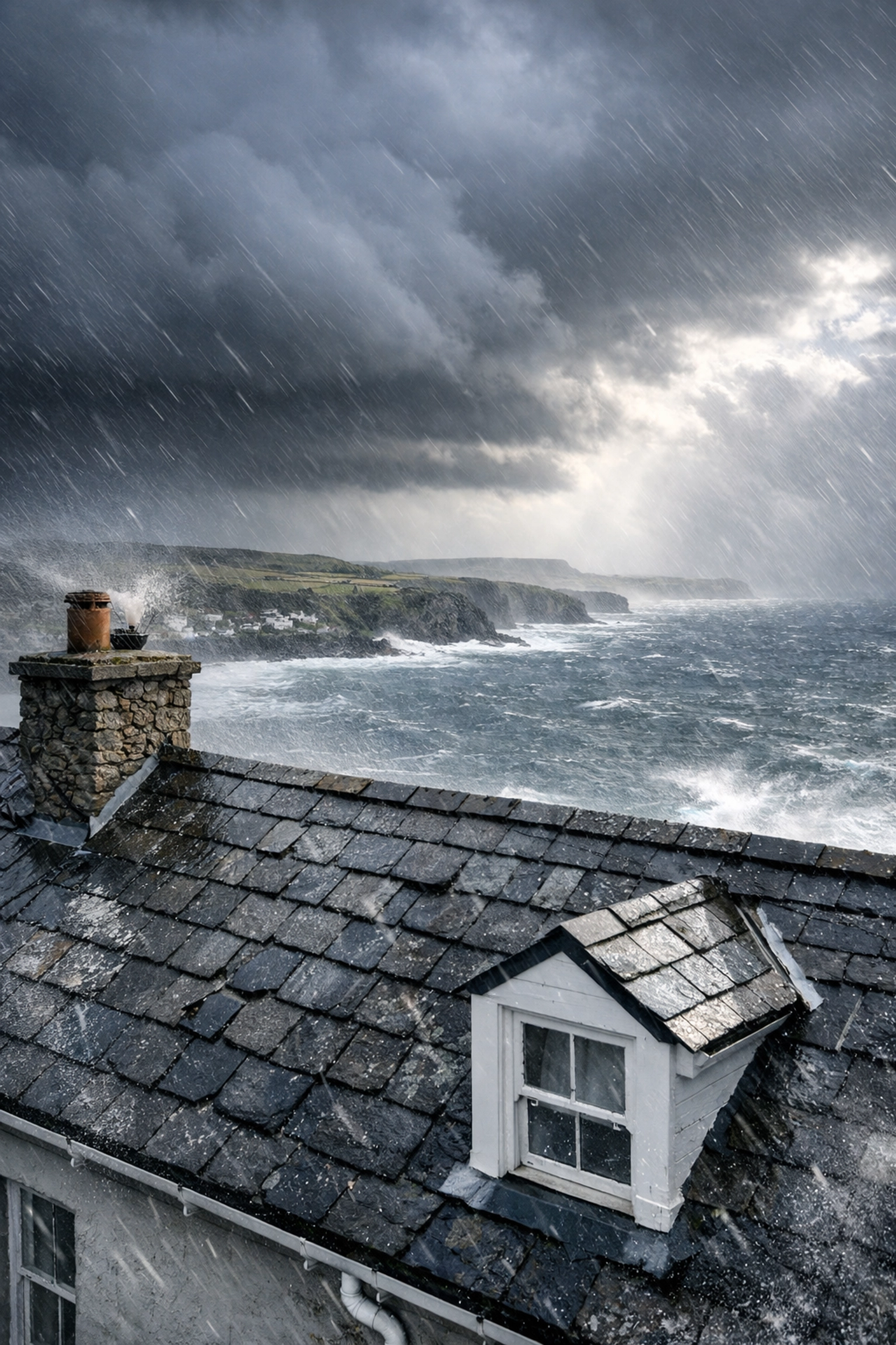 Coastal property roof in Coleraine during storm showing impact of North Coast weather damage
