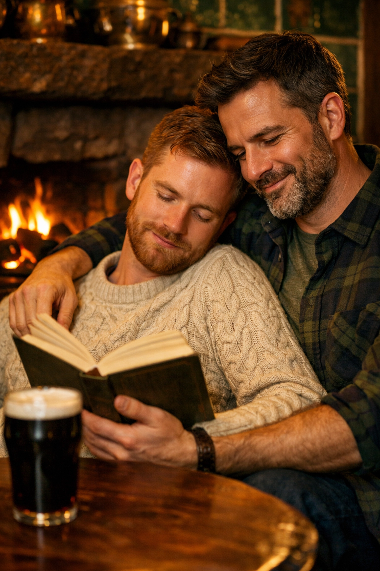 Gay couple relaxing with books and Guinness in traditional Irish pub in Dublin