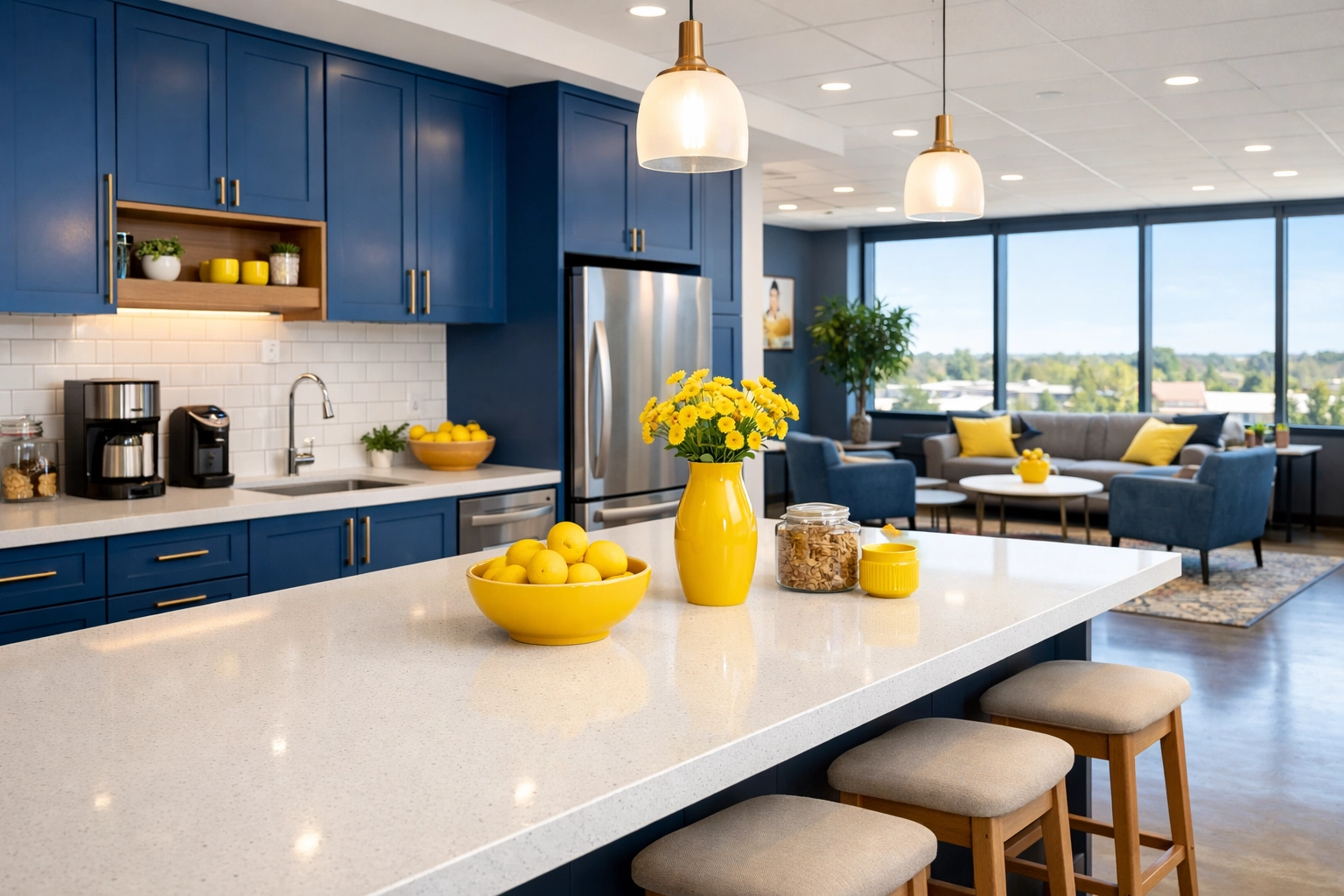 Clean and organized office kitchenette in Wakefield, MA showcasing high-end commercial cleaning services.
