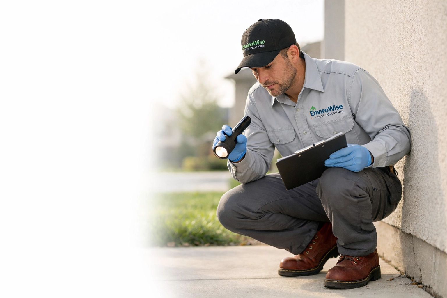 Pest control technician inspecting home foundation for spring pest prevention in Fresno