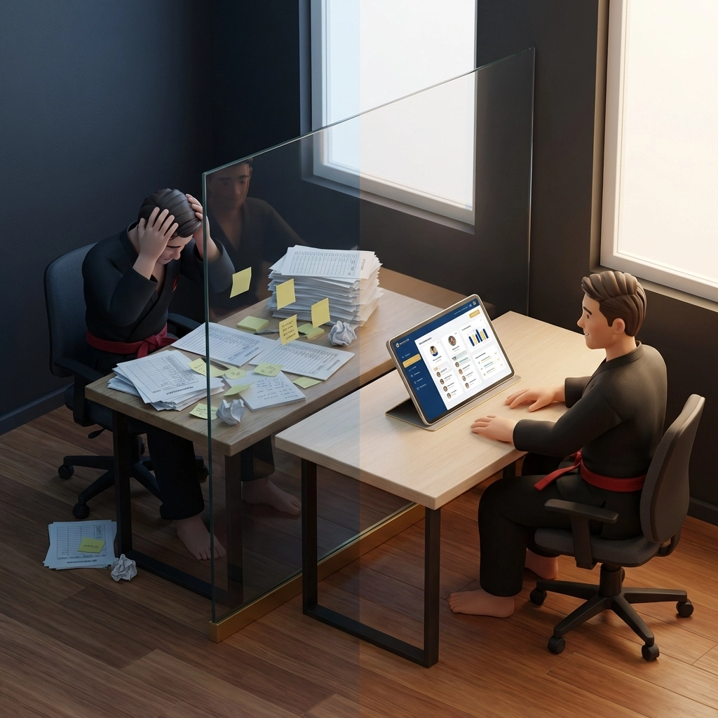 Split image showing a martial arts instructor struggling with paperwork versus easily managing student attendance and data on a tablet using martial arts software