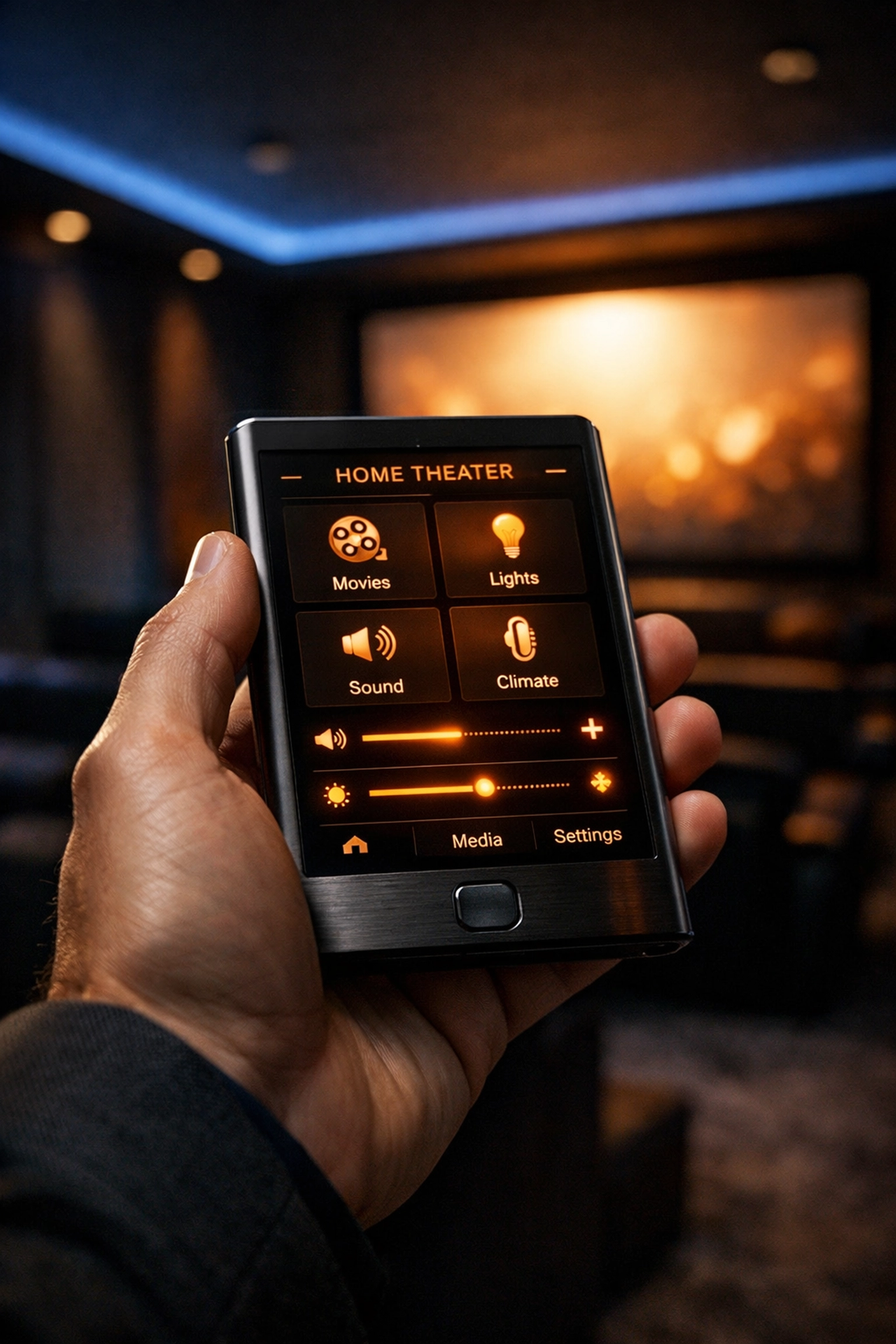 Sleek handheld device controlling a custom home theater installation and smart home system.