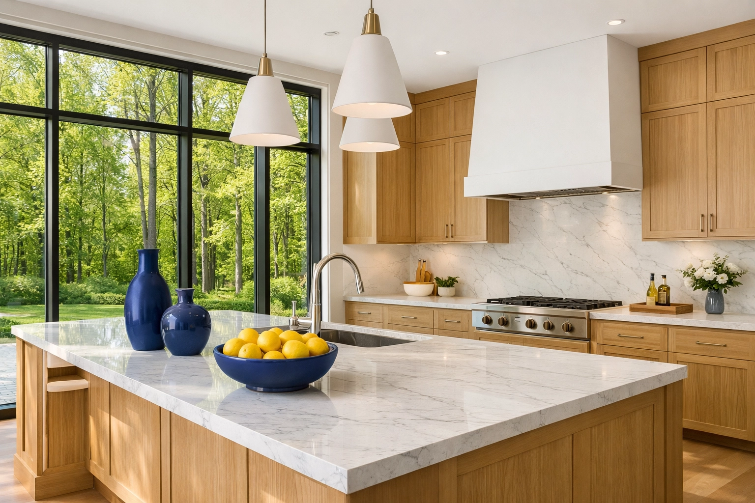 Sun-drenched luxury kitchen in Dover featuring eco-friendly residential cleaning Massachusetts standards.