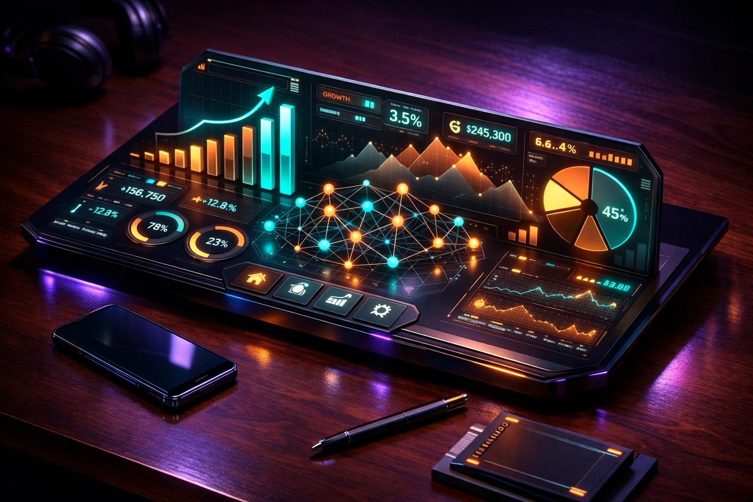 A futuristic digital financial dashboard displaying charts and graphs to track daily savings and wealth growth.