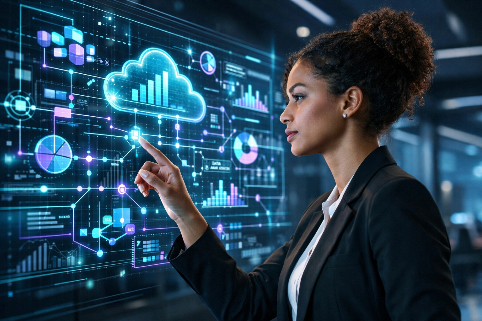 Young professional navigating a holographic data dashboard for Gen Z cloud analytics and career growth.