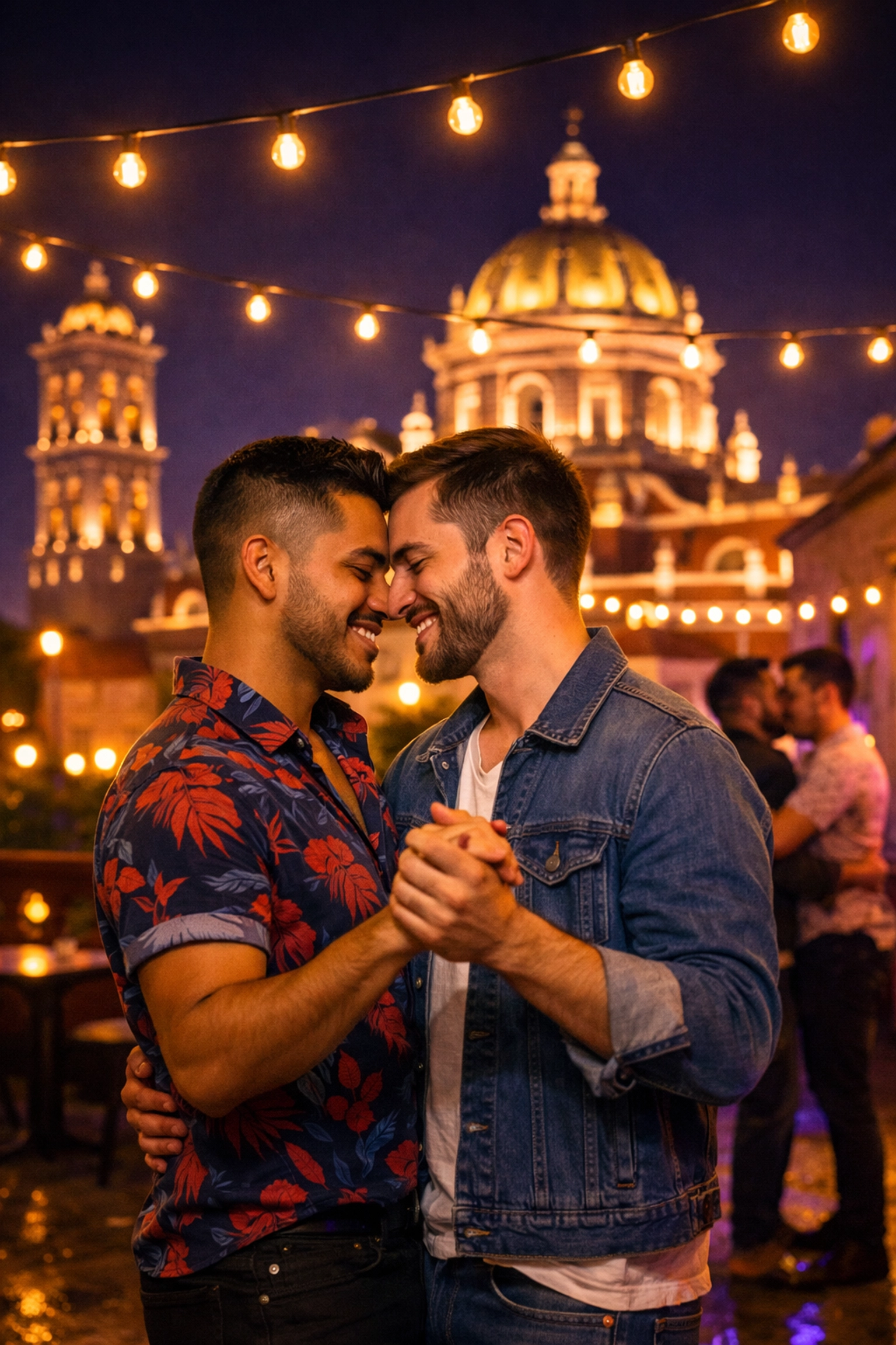Gay men dancing on Puebla rooftop with historic cathedral illuminated at night