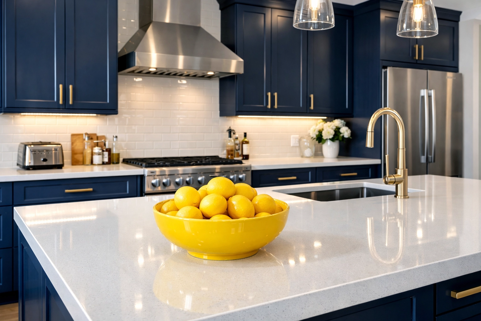 Gourmet Leominster kitchen with streak-free white counters cleaned by eco-friendly professional cleaners.