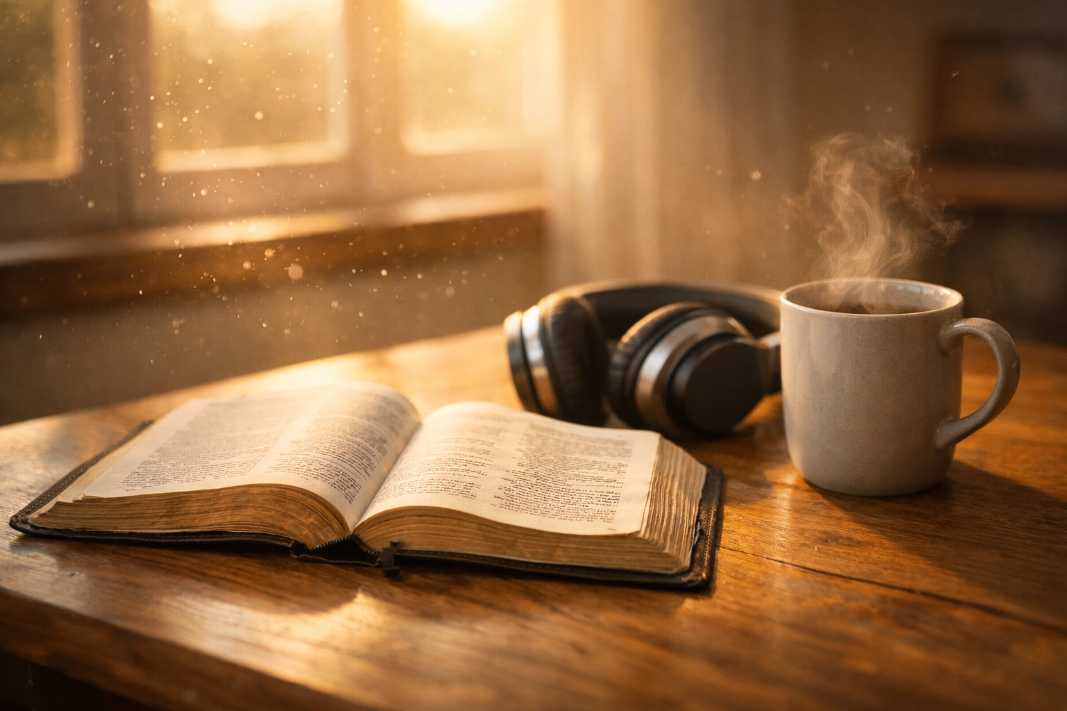 Open Bible and headphones on a sunny desk, perfect for a christian music playlist quiet time.