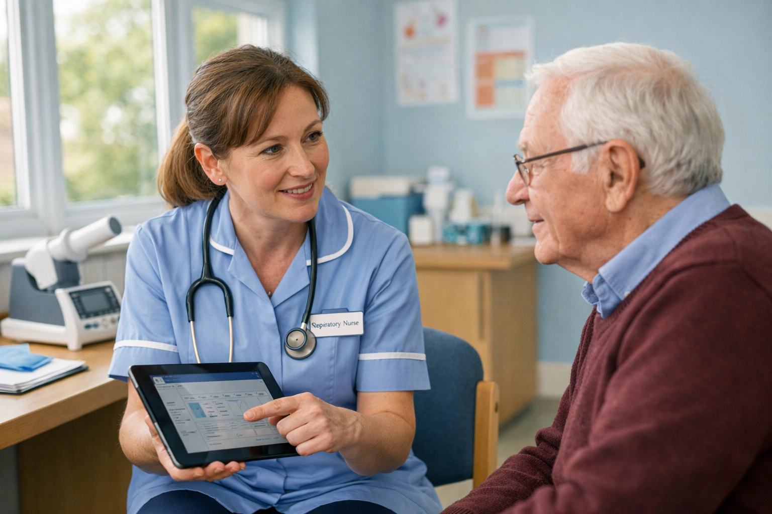 Respiratory specialist nurse consulting with elderly patient in community clinic setting